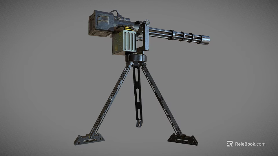 Tripod Mounted Multi Barrel Weapon Featuring Metal Frame And Cooling Grille 3d model