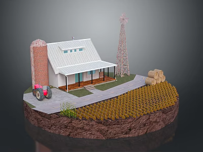 Cartoon Farm Scene With Barn Silo Windmill Hay Bales Tractor And Wheat Field 3d model