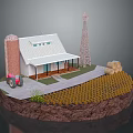 Cartoon Farm Scene With Barn Silo Windmill Hay Bales Tractor And Wheat Field