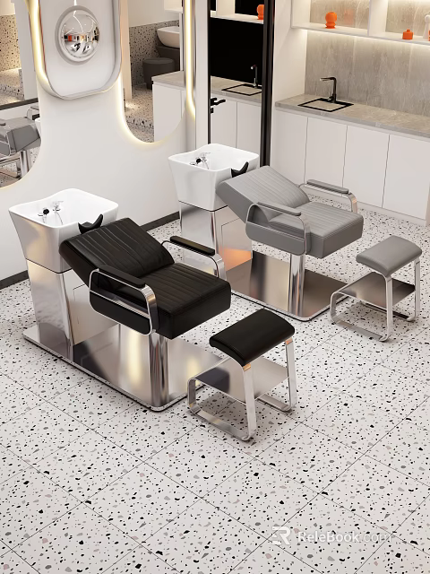 Modern Hair Salon Interior With Black Styling Chairs White Shampoo Units And Terrazzo Floor 3d model 