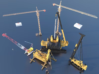 Industrial Equipment Display Featuring Construction Cranes Pile Drivers And Heavy Machinery 3d model