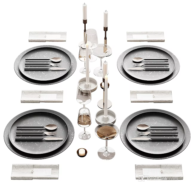 Elegant Tableware Set With Plates Cutlery Wine Glasses And Candle Holders For Dining 3d model 