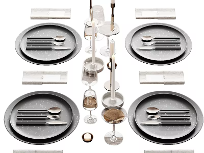 Elegant Tableware Set With Plates Cutlery Wine Glasses And Candle Holders For Dining 3d model