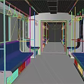 Modern Subway Car Interior With Blue Seats Silver Handrails And Green Triangular Signs