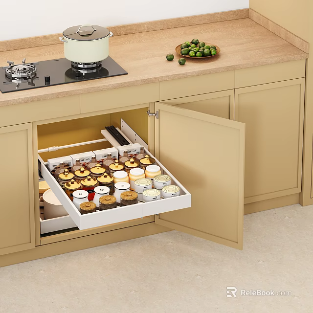 Light Colored Kitchen Cabinets With Open Drawer Organized Spice Jars In Modern Setting 3d model