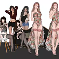 Multiple Women in Various Outfits Posing with Sofa and Chair in Studio