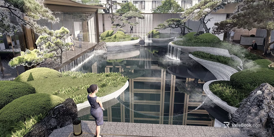 Tranquil Karesansui Garden With Pond Waterfall Greenery And Modern Architecture Reflection 3d model 