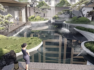 Tranquil Karesansui Garden With Pond Waterfall Greenery And Modern Architecture Reflection 3d model
