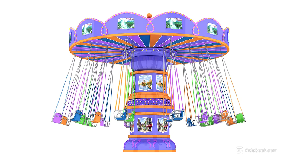 Purple Orange Flying Swing Amusement Ride with Colorful Swinging Seats and Top Decorative 3d model 