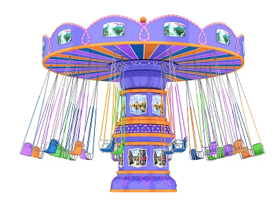 Purple Orange Flying Swing Amusement Ride with Colorful Swinging Seats and Top Decorative 3d model