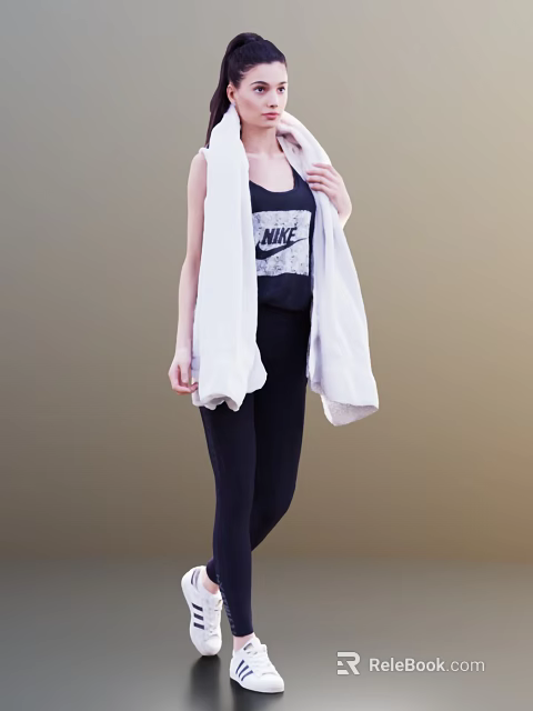 Woman Wearing Black Nike Vest And Leggings With White Towel Over Shoulder 3d model 