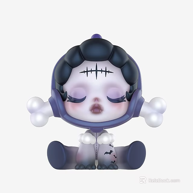 Cartoon Sculpture with Purple Outfit Bone Arms Stitched Details and Closed Eyes 3d model 