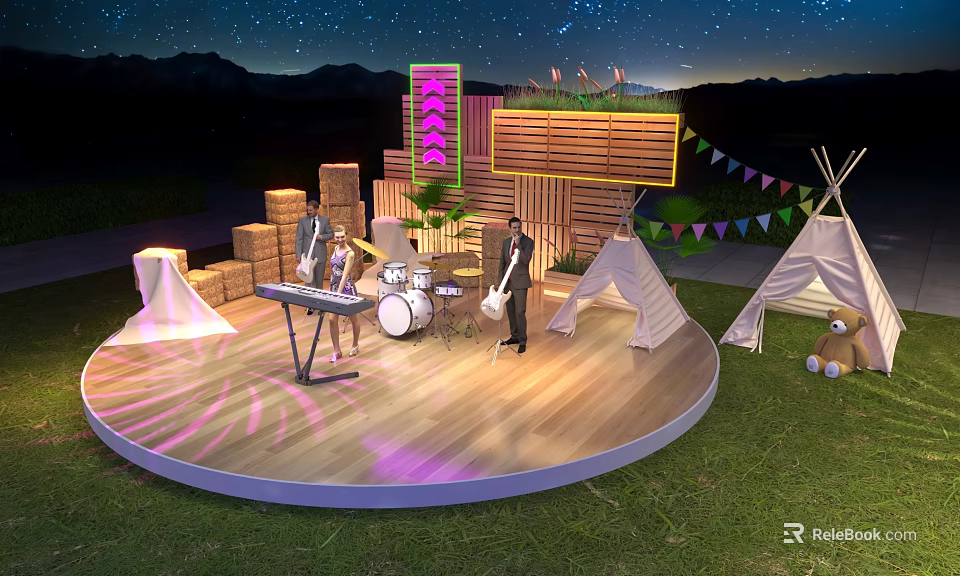 Outdoor Night Stage With Live Band Neon Sign Tents And Starry Mountain View 3d model 