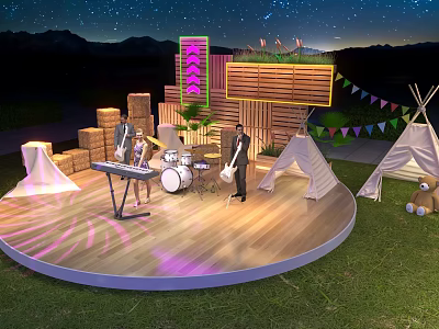 Outdoor Night Stage With Live Band Neon Sign Tents And Starry Mountain View 3d model