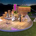 Outdoor Night Stage With Live Band Neon Sign Tents And Starry Mountain View