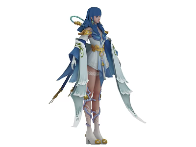Game and Movie Character With Blue Hair Blue White Outfit Flowing Cape And Golden Decorations 3d model