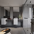 Modern Gray Bathroom Interior With Double Vanity Glass Shower And Bathtub
