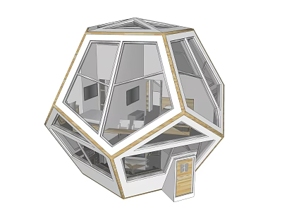 Modern Polyhedral Geodesic Dome House With Glass Windows And Interior Furniture 3d model