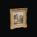 Antique Street Scene Painting In Ornate Golden Frame With Historic Buildings