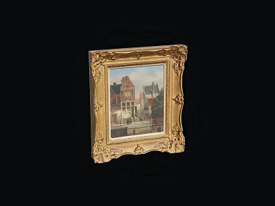 Antique Street Scene Painting In Ornate Golden Frame With Historic Buildings 3d model