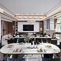 Modern Living and Dining Room Interior With Large Windows City View Chandelier And Sofa
