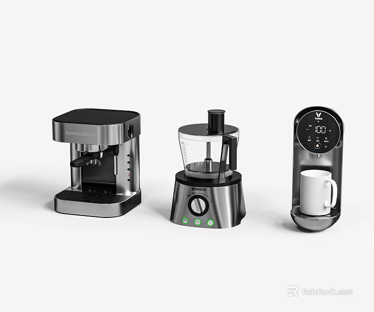 Modern Kitchen Appliances Including Coffee Machine Food Processor And Single Serve Maker With Sleek Design 3d model 