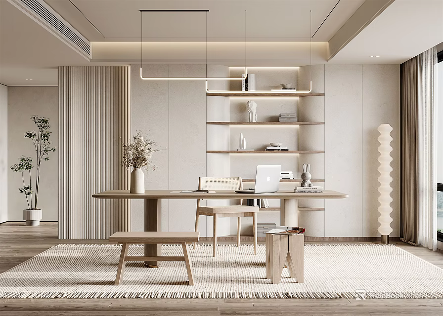 Modern Study Room Interior Design With Wooden Desk Floating Shelves Potted Plant And Neutral Rug 3d model 