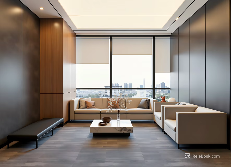 Modern Front Desk Reception Interior With Wooden Walls Sofa Coffee Table And City View 3d model 