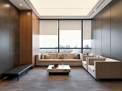 Modern Front Desk Reception Interior With Wooden Walls Sofa Coffee Table And City View 3d model