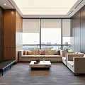 Modern Front Desk Reception Interior With Wooden Walls Sofa Coffee Table And City View