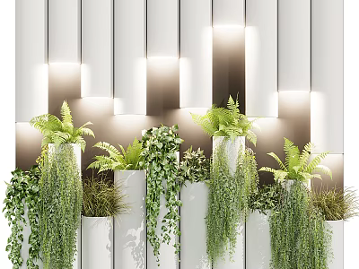 Green Living Wall Design With White Vertical Panels Warm Lighting and Lush Ferns 3d model