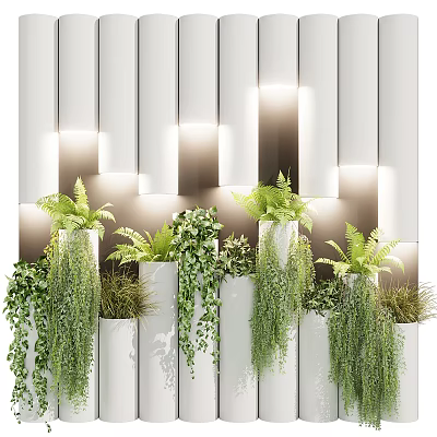 Green Living Wall Design With White Vertical Panels Warm Lighting and Lush Ferns 3d model