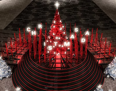 Red Christmas Tree With Star Decorations CHRISTMAS Letters And Red Steps Structure 3d model