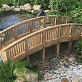 Wooden Arched Garden Bridge Surrounded By Rocks Green Plants And Small Pond