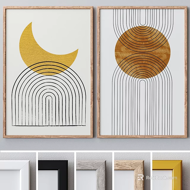 Modern Abstract Wall Art With Gold Shapes Geometric Lines And Multiple Frames 3d model