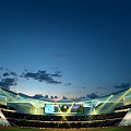 Sports Fitness Live Broadcast On Giant Screen With Bright Lighting In Evening Stadium