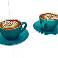 Teal cups with latte art holding coffee on saucers against light background