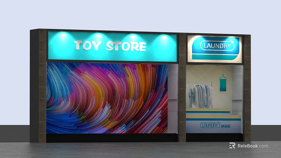 Toy Store And Laundry Shopfront Window With Colorful Wavy Pattern Background And Clothes 3d model 