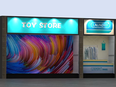 Toy Store And Laundry Shopfront Window With Colorful Wavy Pattern Background And Clothes 3d model