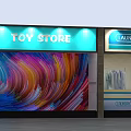 Toy Store And Laundry Shopfront Window With Colorful Wavy Pattern Background And Clothes