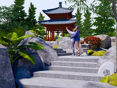 New Chinese style pavilion leisure pavilion park pavilion porch frame steps stone rockery stone plant landscape tree 3d model