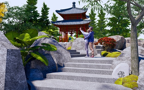 New Chinese style pavilion leisure pavilion park pavilion porch frame steps stone rockery stone plant landscape tree 3d model