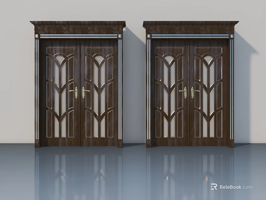 Dark Wooden Hinged Doors With Glass Panel Designs Golden Handles And Elegant Symmetrical Home Entrance 3d model 