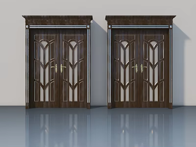 Dark Wooden Hinged Doors With Glass Panel Designs Golden Handles And Elegant Symmetrical Home Entrance 3d model