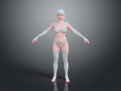 3D Female Character Model Wearing White Strappy Outfit With Short Hair And Gray Background 3d model