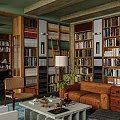 Living Room Interior With Green Walls Wooden Beam Ceiling Bookshelves Brown Gray Sofa
