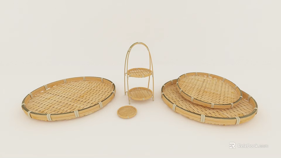Natural Bamboo Storage Rack With Multiple Round Trays For Home Kitchen Storage 3d model