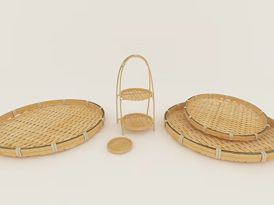 Natural Bamboo Storage Rack With Multiple Round Trays For Home Kitchen Storage 3d model