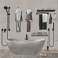 Concrete Bathtub In Modern Bathroom With Hanging Bathrobes Towels And Shower Fixtures