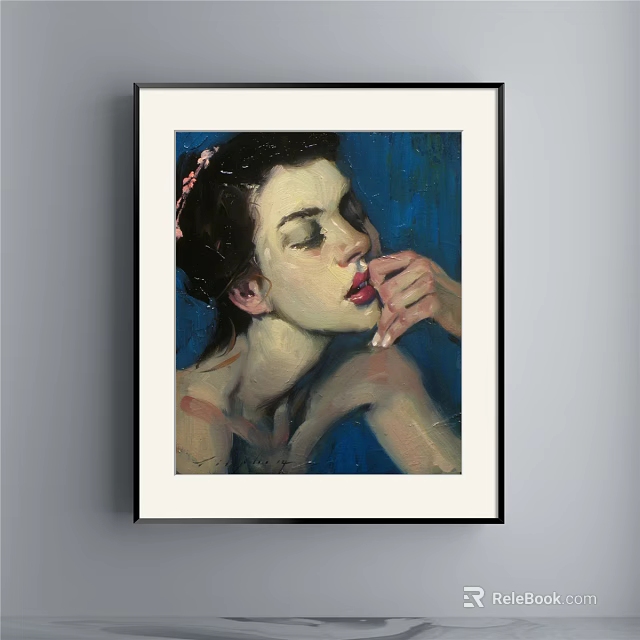 Portrait Painting of a Woman with Closed Eyes Hand Near Lips Adorned Hair Blue Background 3d model 